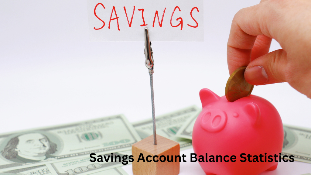 A visual representation of savings and personal finance, featuring a pink piggy bank, cash bills, and a coin being deposited. The image highlights savings account balance statistics and emphasizes the importance of building financial security through consistent saving.