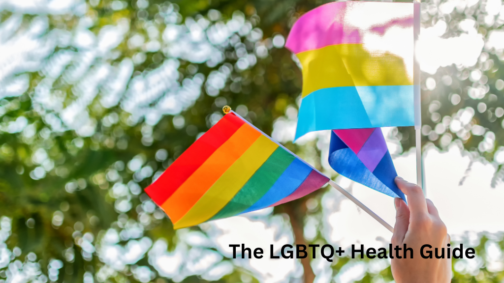 Hand holding rainbow and pansexual pride flags outdoors, representing LGBTQ+ community support and health awareness.