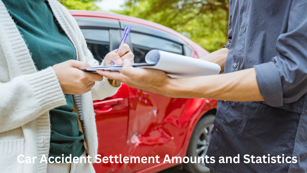 Person signing an insurance claim form after a car accident beside a damaged red vehicle, illustrating car accident settlement amounts and statistics.