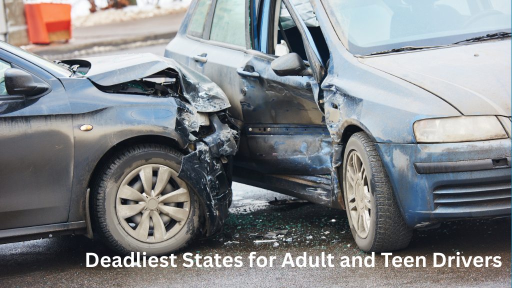 Illustration of a car crash highlighting the deadliest states for adult and teen drivers.”