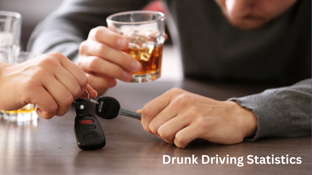 Infographic showing U.S. drunk driving statistics including deaths, injuries, and financial costs.