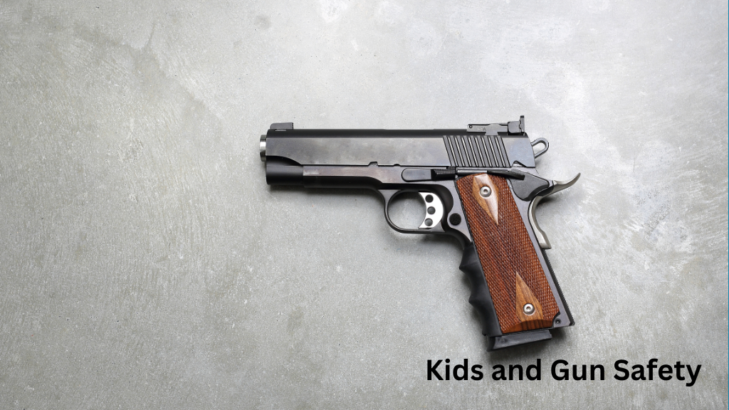 Handgun on a neutral background illustrating an educational article about kids and gun safety, parental guidance, and preventing accidental firearm access.