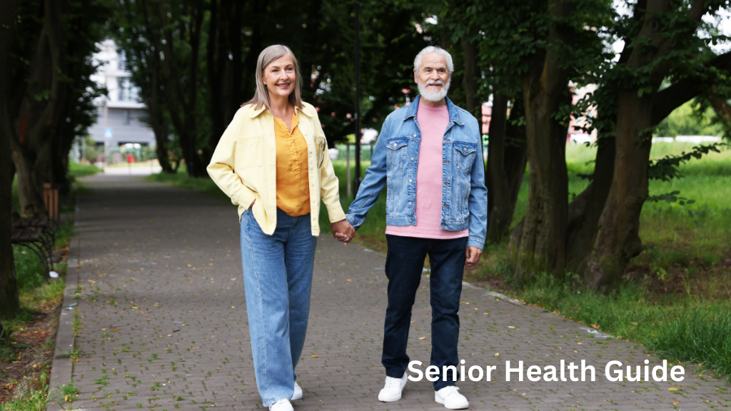 Senior couple walking together in a park, illustrating healthy aging, active lifestyles, and senior health and wellness.