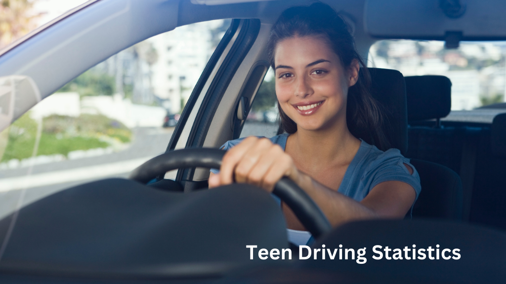Teen driver smiling while driving a car, illustrating teen driving statistics and the risks and safety issues associated with young drivers.