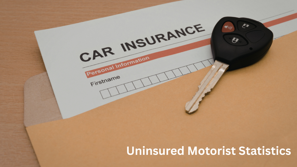 Car insurance document partially visible inside an envelope with a car key resting on top, representing uninsured motorist statistics and auto insurance coverage.