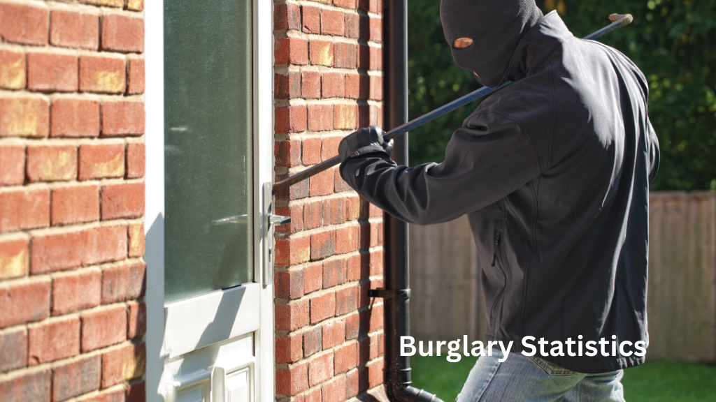 Masked burglar attempting to break into a home by prying open a back door with a crowbar, illustrating residential burglary and home invasion statistics.