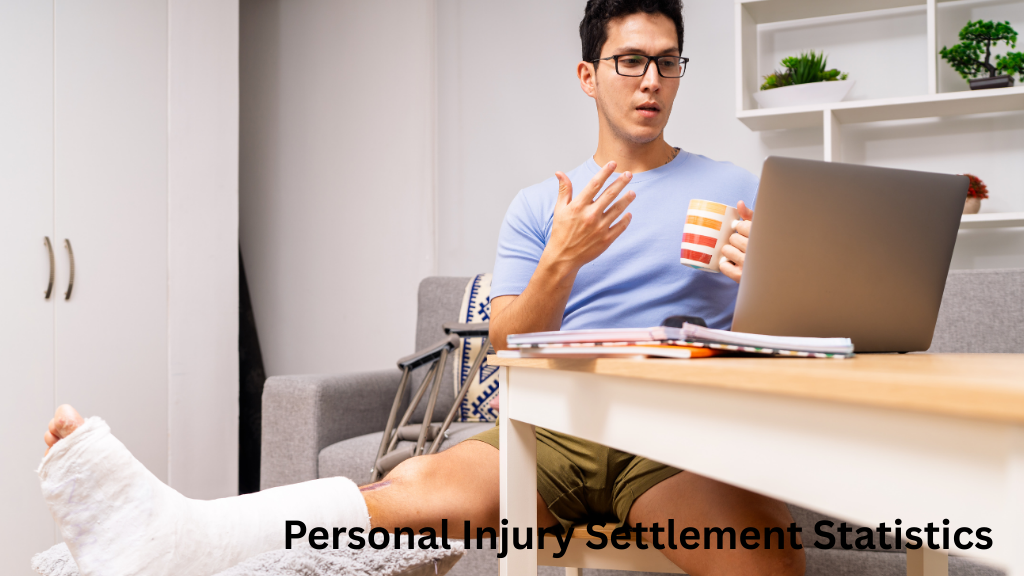 Man with a leg cast working on a laptop at home, illustrating personal injury settlement statistics and compensation after an accident.