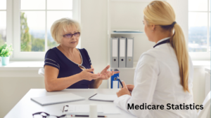 A senior woman wearing glasses speaks with a blonde professional in a white medical coat across a desk, with the text "Medicare Statistics" overlaid at the bottom.