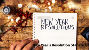 A person’s hand rests on a spiral-bound notebook open to a page with the handwritten text "NEW YEAR RESOLUTIONS." The scene is set on a rustic wooden table decorated with festive red star-shaped ornaments and bokeh Christmas lights.
